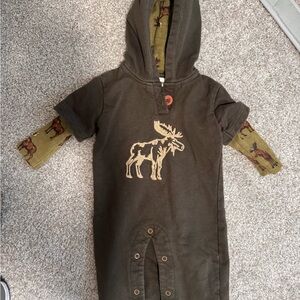 Hatley Brown Hooded Moose Romper with Green Moose-Print Sleeves